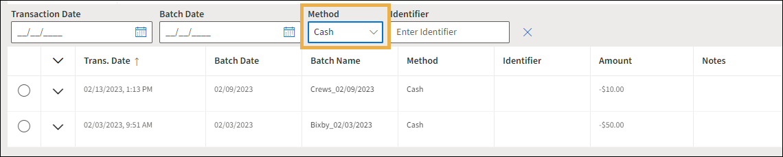 Payment History with yellow highlight box around the Payment Method Cash selection.